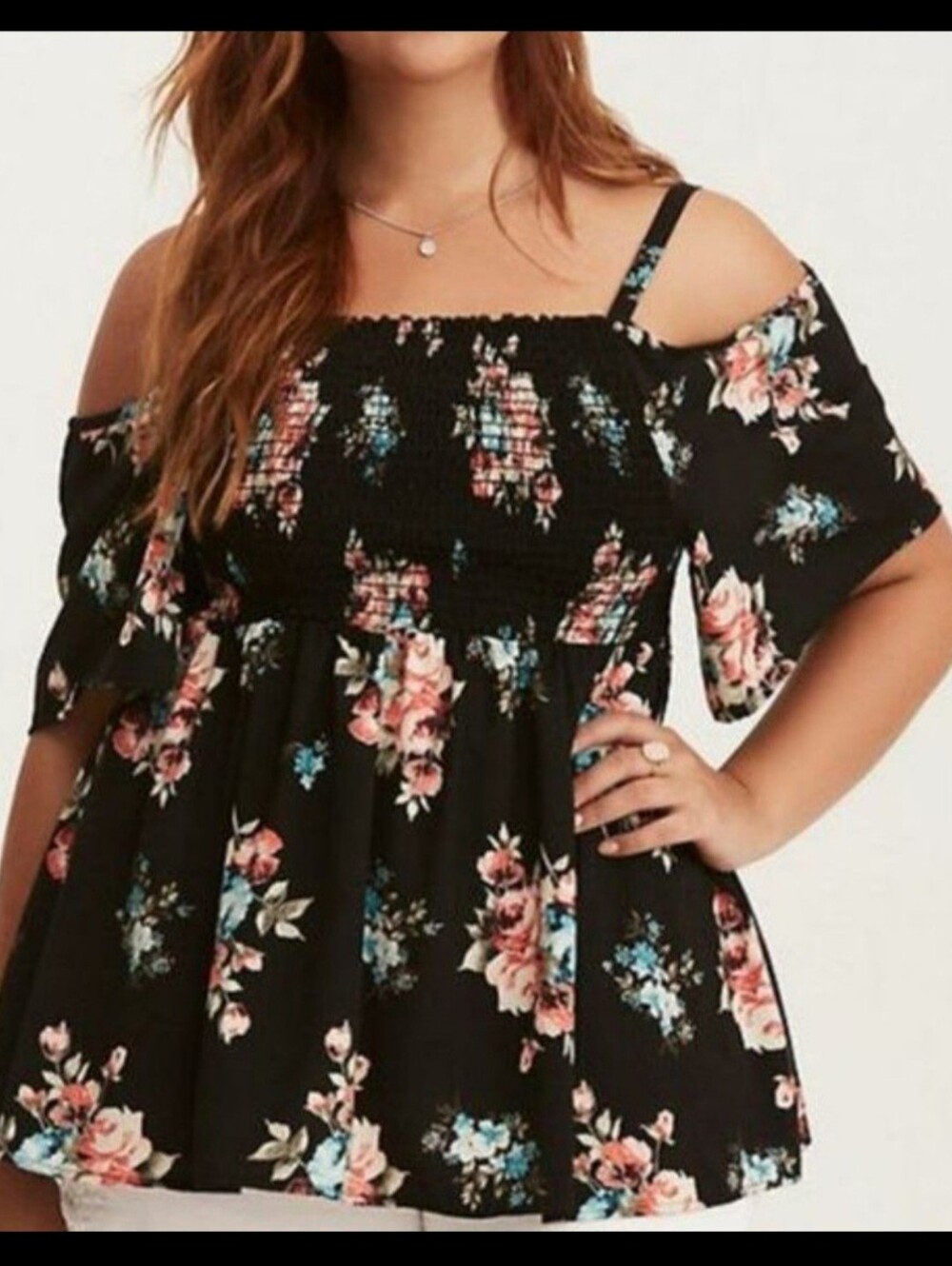 Torrid Black Floral Shirt - Off-Shoulder Smocked Top Sz 3 22/24
